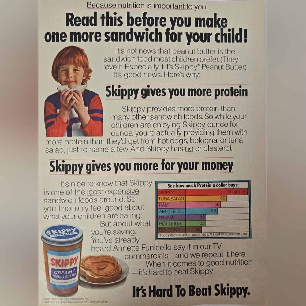 1980 print ad -Skippy peanut butter cute little Redhead Boy sandwich vintage Ad